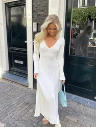 Autumn Ribbed Knitted Maxi Dress For Women Long Sleeve Bodycon Wrapped Dress Streetwear Vestido