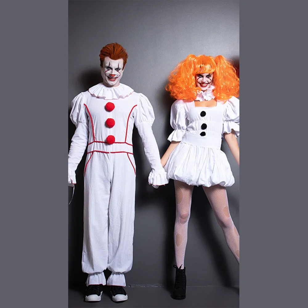 Horror movie Clown Cosplay Costume white Pompon Dress White Suit Halloween adult couple