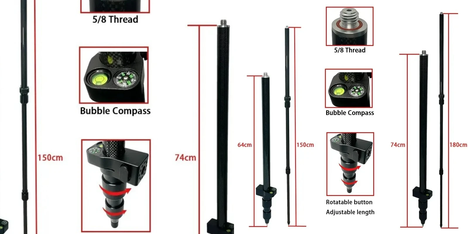 Telescopic Centering Pole Portable Carbon Fibre Pole 74-180cm/64-150cm GPS Prism Pole Surveying Rod 5/8x11 Thread