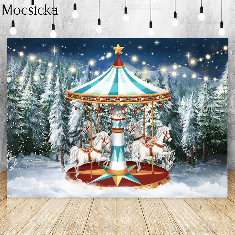 

Christmas Carousel Backdrops For Photography Winter Snow Forest Pine Tree Kids Family Portrait Background Photo Studio Photocall