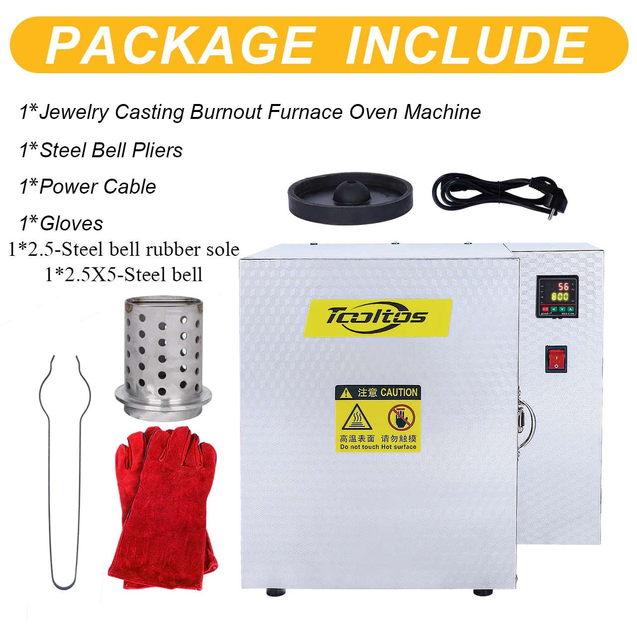 TOOLTOS 1500W Jewelry Casting Furnace Sintering High Temp Control Metal Melting Equipment With Steel Bell