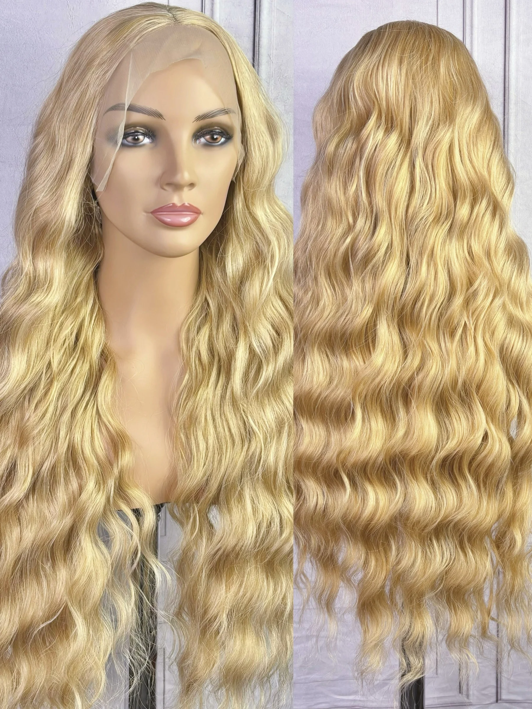 

Transparent lace frontal wavy wig golden yellow wave synthetic 180% long blonde wig For Women Heat Resistant Cosplay Daily Wigs