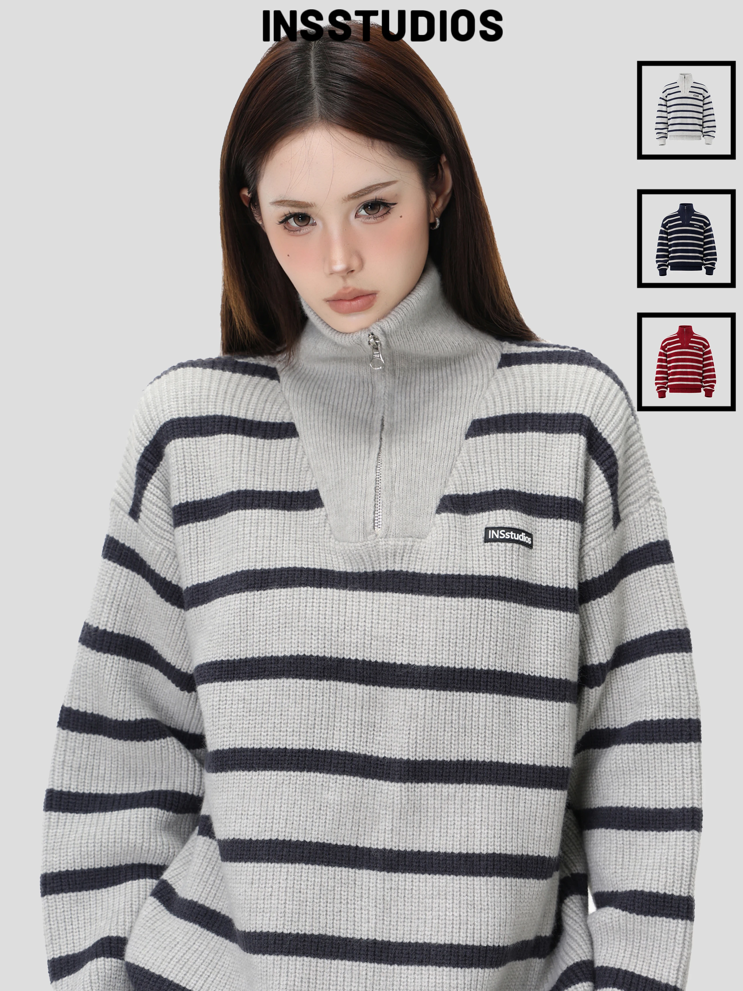 INSstudios American Retro Striped High Collar Loose Knitted Sweater Half Zipper Hoodie for Men And Women Couple Warm Fashion