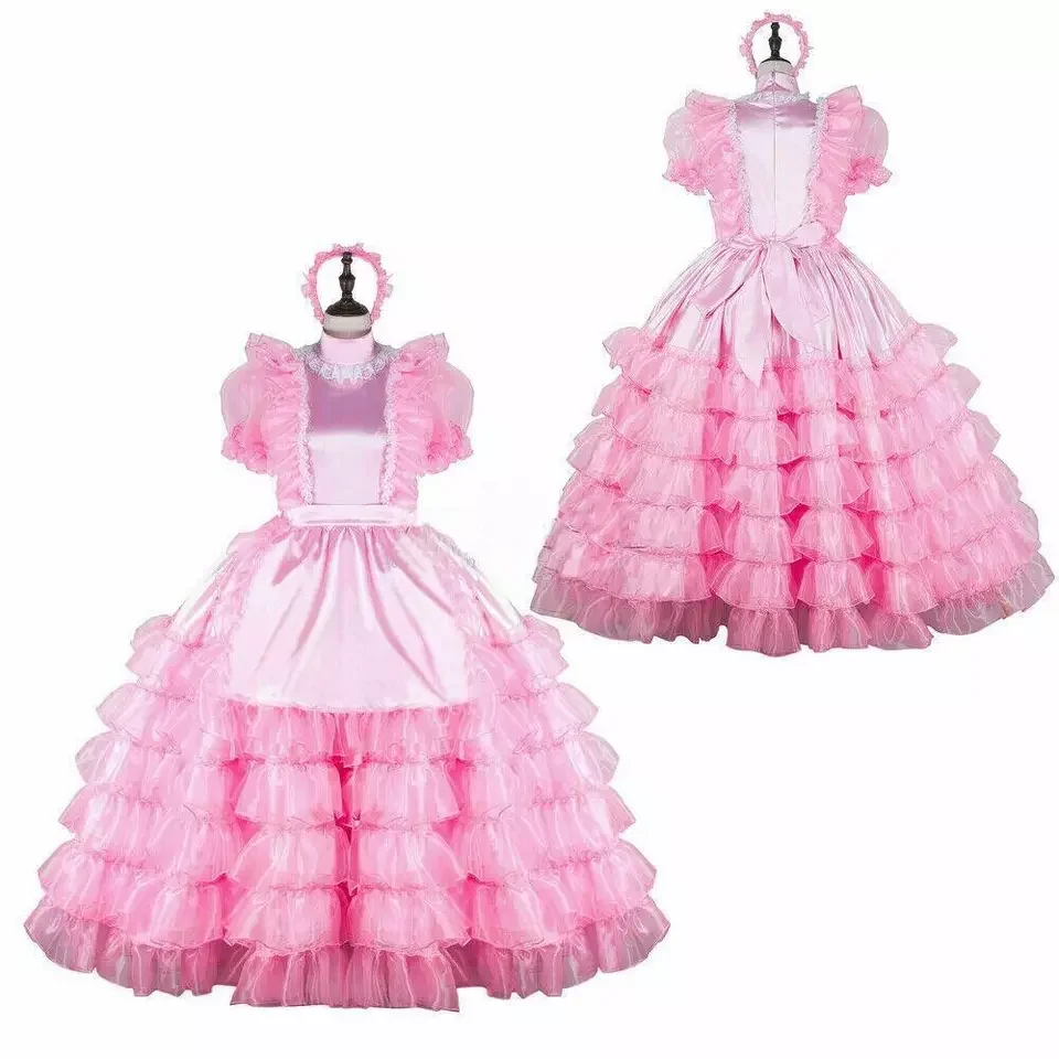 

Sexy sissy French maid pink satin lockable multi-layer lace ruffled dress maid cosplay costume customizable
