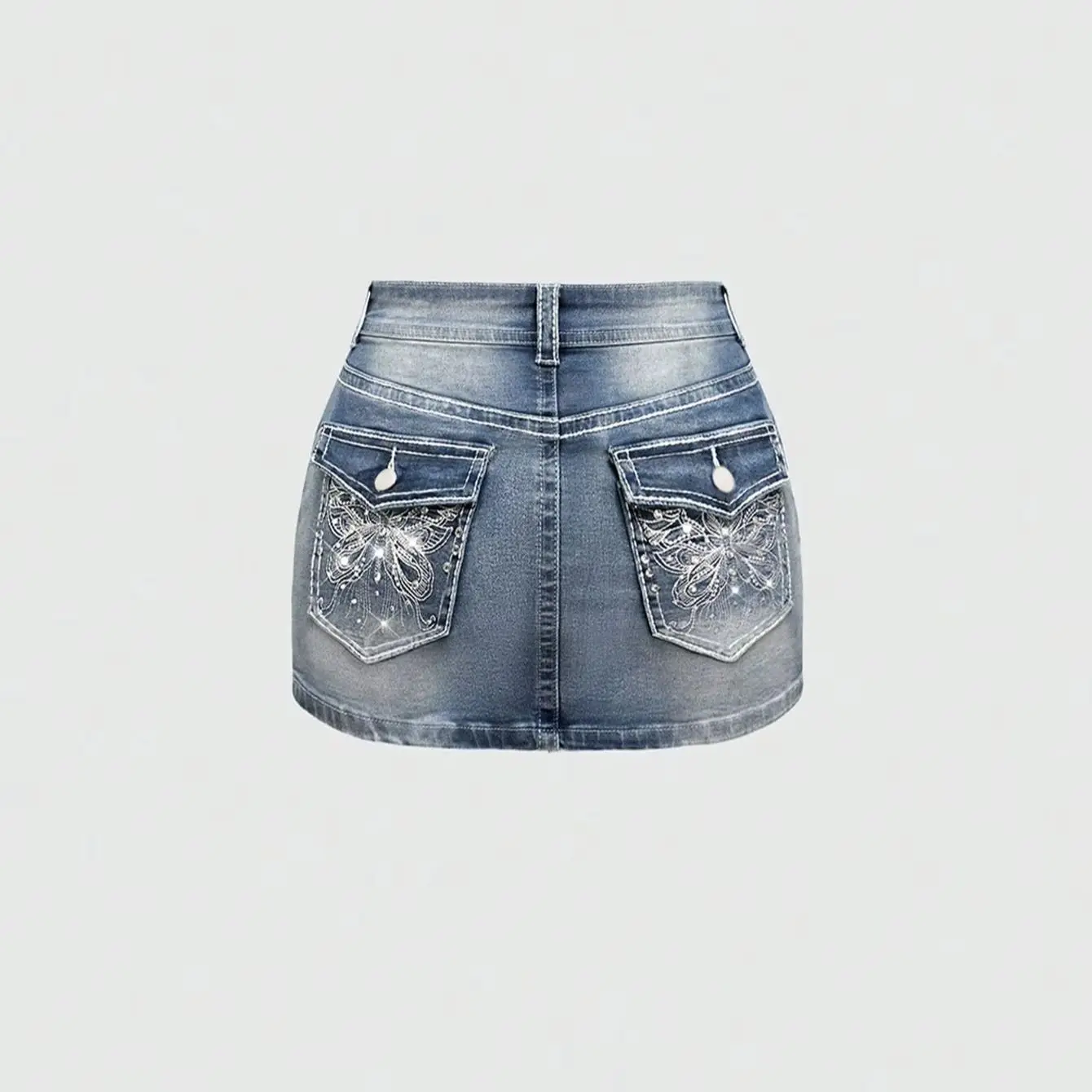

Women Blue Washed Denim Mini Skirt Elegant Butterfly Rhinestone Embroidery Hip Wrap Slim Skirt Streetwear Casual Short Skirt