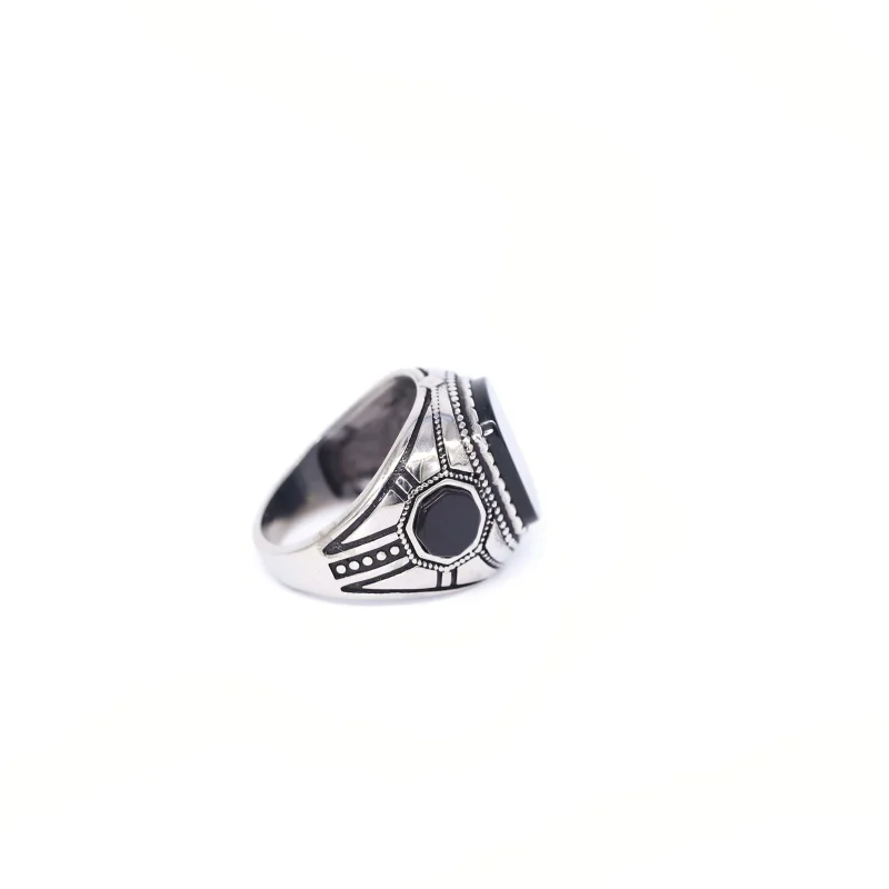 Vintage Stainless Steel Obsidian Ring Simplicity Geometric Black Obsidian Muslim Rings Arab Anniversary Party Jewelry