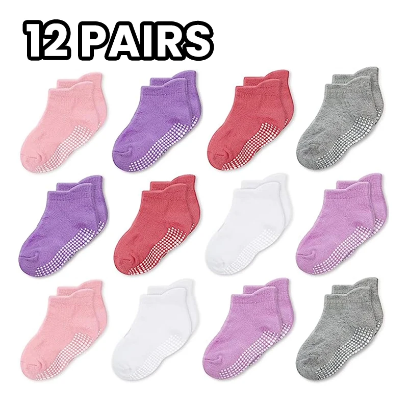 12 Pairs Double-Stitched Anti-Slip Girls' Socks, Baby Walking Socks, Children's Basic Ankle Socks