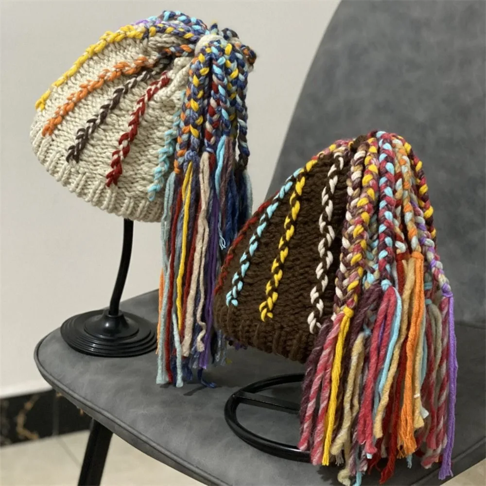 Soft Warm Reggae Pullover Cap Ethnic Style Wool Knitted Dreadlocks Hat Handmade Windproof Hip Hop Wig Dome Hat Female/Girls