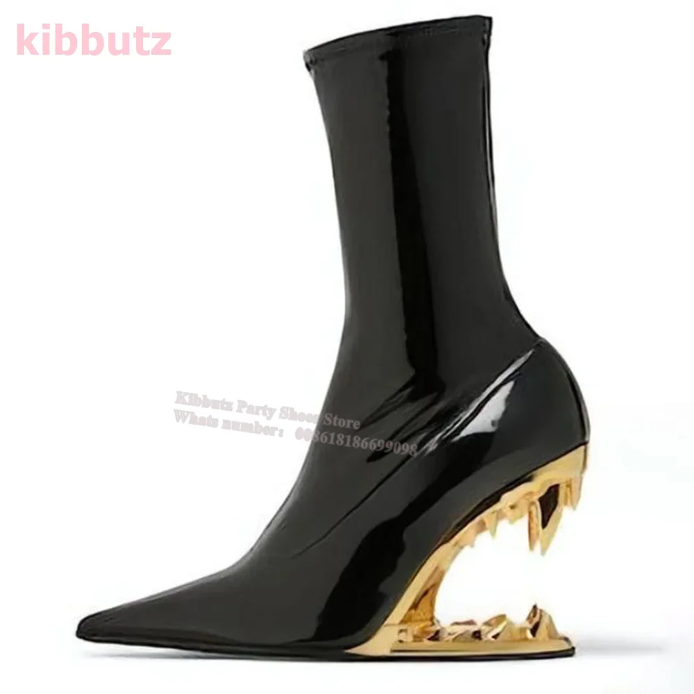 Hollowed Tiger Teeth Ankle Boots Fangs Giant Teeth Metal High Heel Genuine Leather Sock Shoes Fashion Show Luxury Women Shoe New