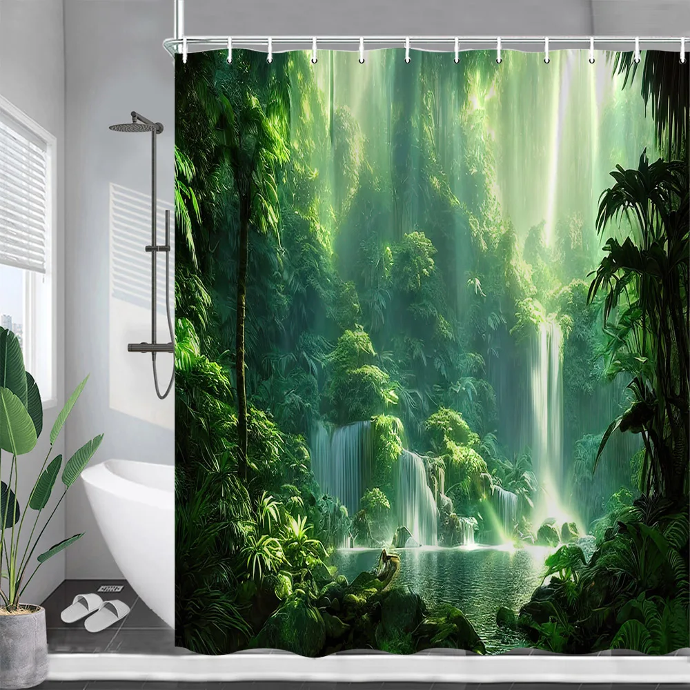 

Tropical Rainforest Shower Curtains Jungle Plants Forest Waterfall Bath Curtain Polyester Fabric Bathroom Decor Set with Hooks