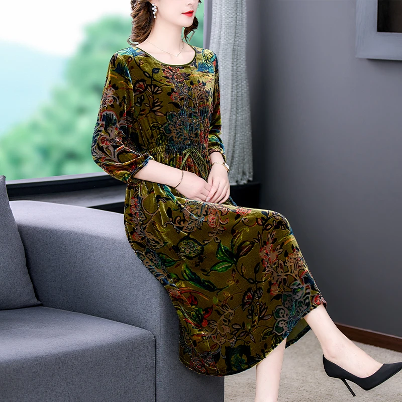 2024 Autumn New Green Floral Velvet Chic Midi Dress Women Luxury Elegant Casual Dress Korean Vintage Bodycon Party Night Dress