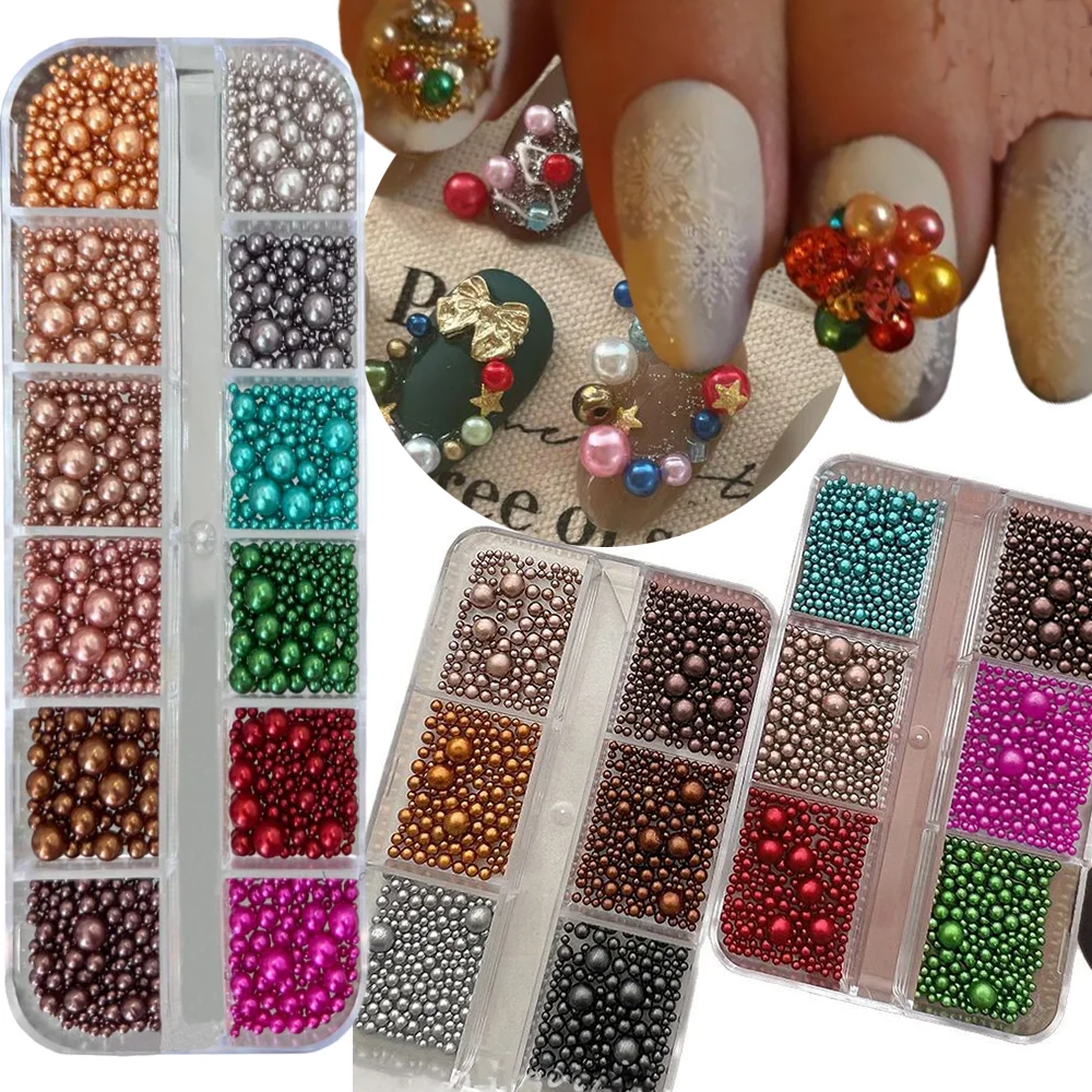 6/12Grids 3D Kerst Ronde Parels Kralen Nail Art Charms Kleurrijk Gemengde Grootte Kaviaars Kraal Nagels Decoraties DIY Kerst Manicure &