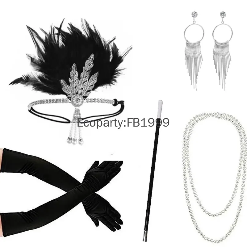 Women Great Gatsby Accessories Vintage Flapper Headband Cigarette Holder Gloves Necklace Suit Lady Cocktail Party Costume Props
