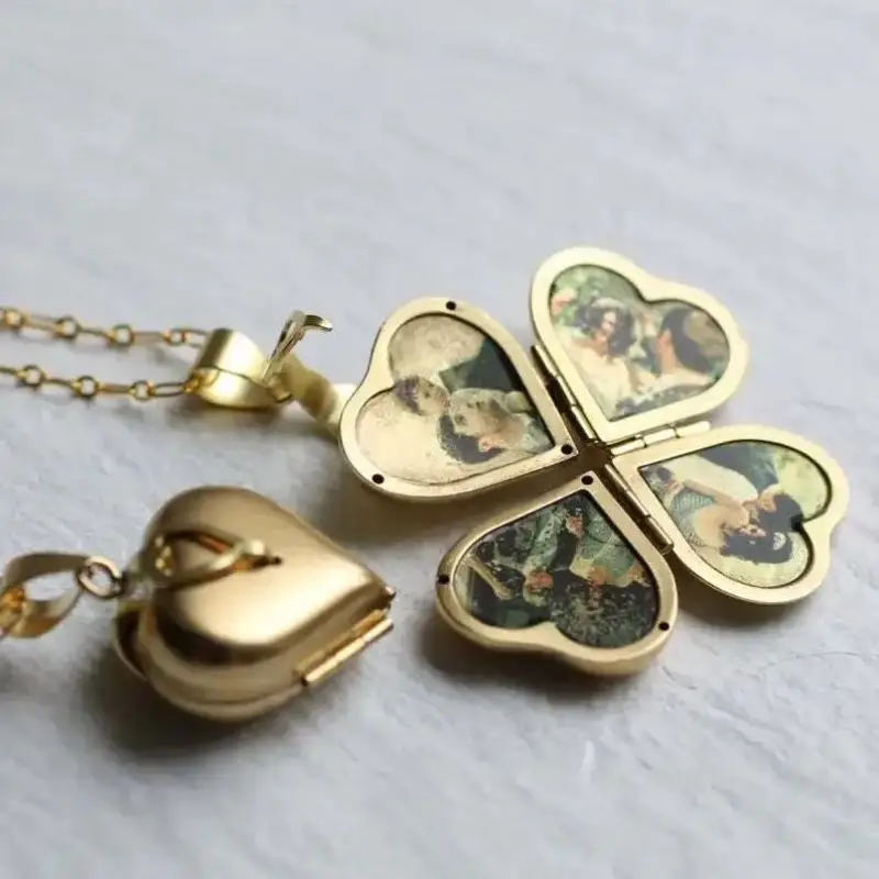 Vintage Necklace Folding Multi-layer Heart Family Locket Personalised Photos Four-leaf Clover Pendant Fashion Jewelry