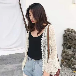 Women Flare Long Sleeve Shrug Cardigan Hollow Out Crochet Knitted Open Front Sheer Lace Cover Up Sweater Loose Outwear