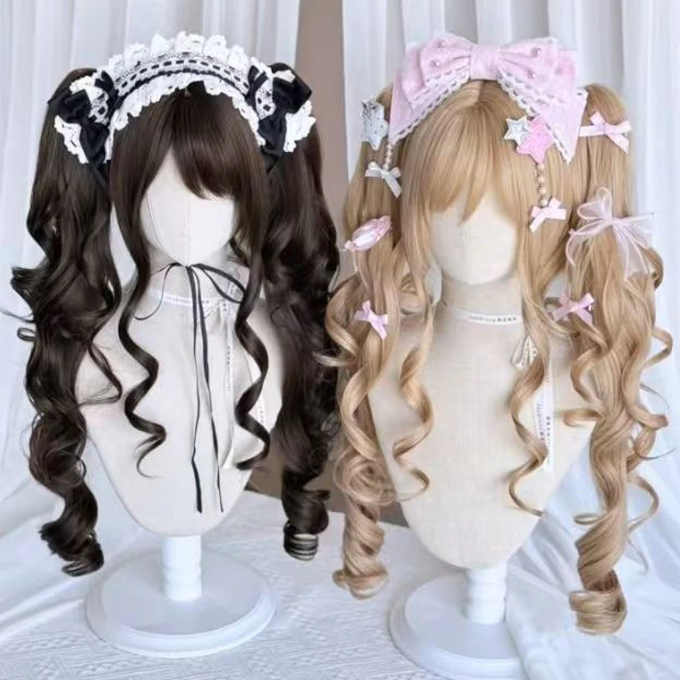 AOSI Synthetic Long Curly Wig Double Ponytail Cute Lolita Women Wigs Halloween Cosplay Style Blonde Brown Party Wig