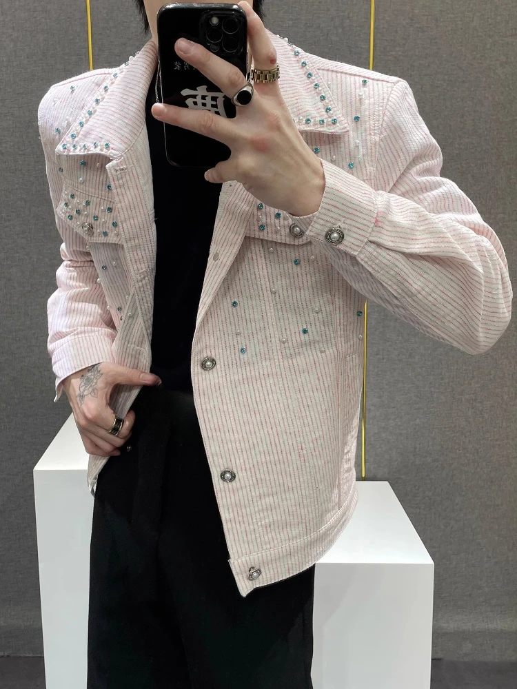 Men's 2025 Retro Denim Jackets Men's Niche Beaded Decorative Fashion High-end Denim Coats Trendy Male Long Sleeve Denim Jacket