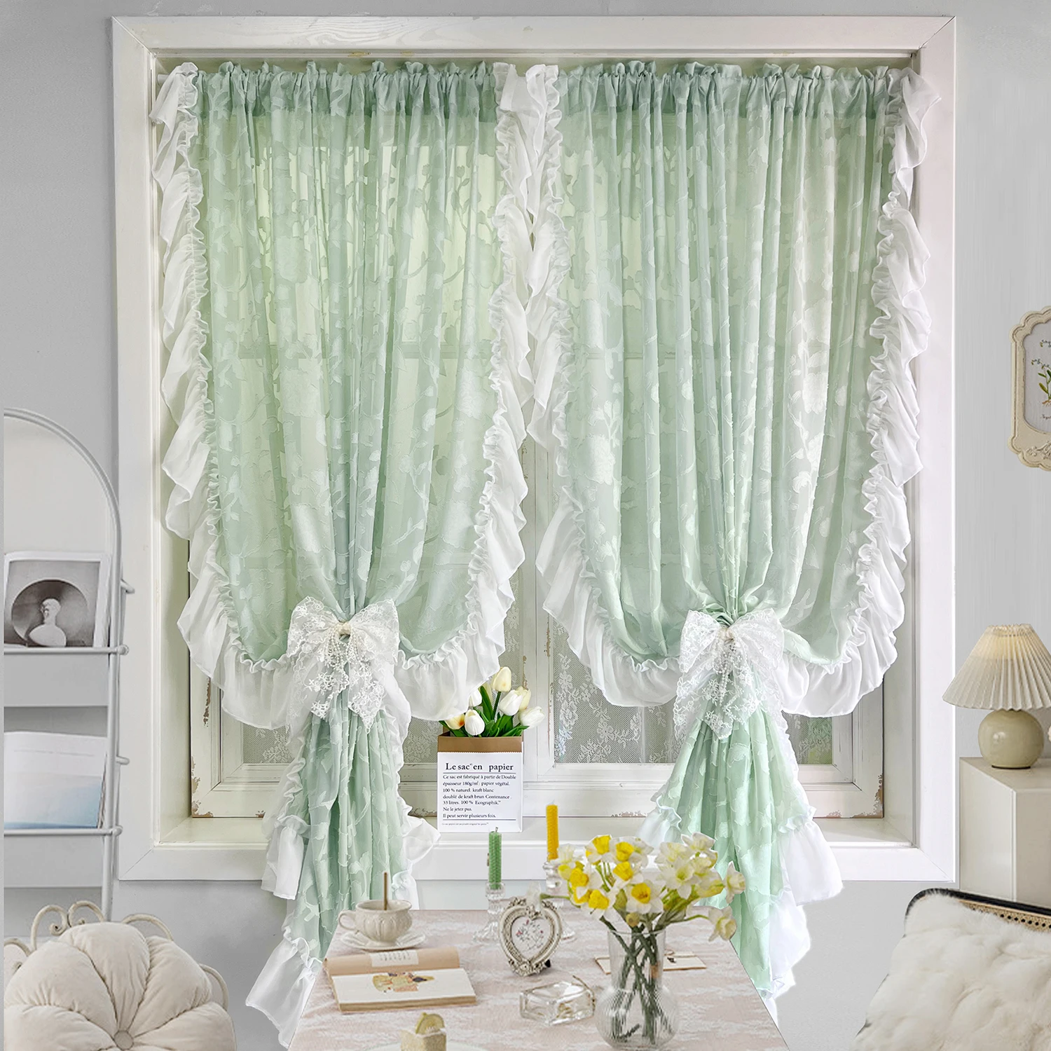 

French Romantic Semi Sheer Ruffle Curtains, Mint Green Cut Flower Tulle Curtains for Window Elegant Soft Light Filtering Drape