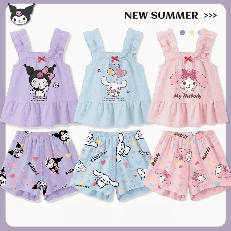 Girl's My Melody Strap Pajama Bow Anime Cinnamoroll Kuromi Printed Princess Children's Thin Kawaii Sleeveless Home Dress Set