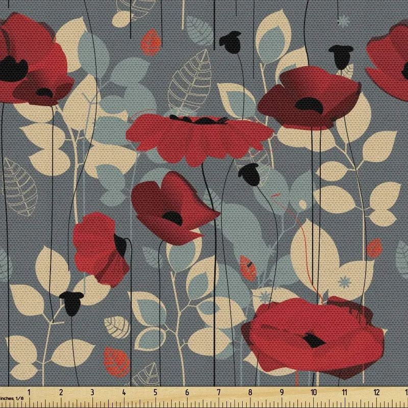 

Poppy Flower Water Resistant Fabric by The Yard, Abstraction of a Growing Floral Garden Leaves Botanical Modern Nature