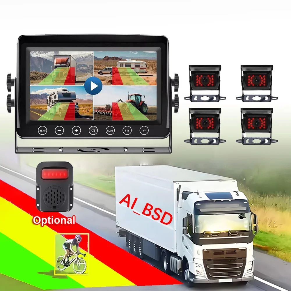 9 Inch 4CH IPS DVR Monitor 1080P Rear View Cameras With AI BSD Smart Blind Zone Detection For Pedestrians Vehicles Truck Rv