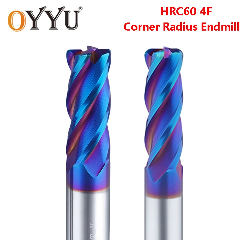 

OYYU Blue Nano Corner Radius End Mills Tungsten Steel Round Nose Milling Cutter HRC60 4 Flute Carbide Coating Lengthen CNC R0.5