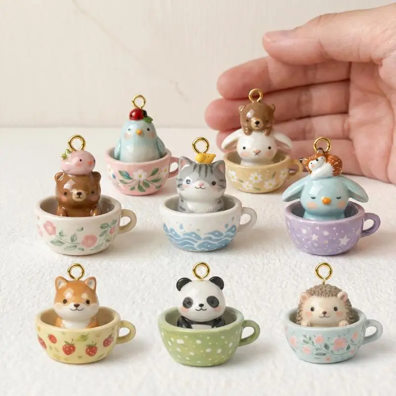 Fun CartoonTea Cup Animal Pendant Necklace DIY Three-dimensional 3D Necklace Set Fashion Rabbit Cat Pendants Jewelry Accessories