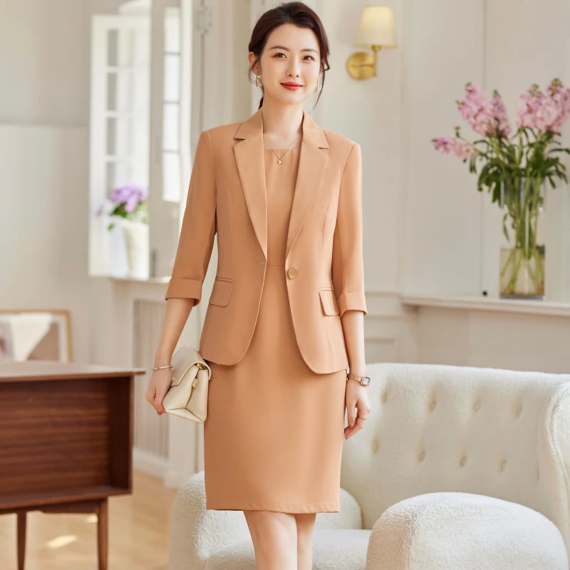 Women Formal Dress Suits Office Ladies Elegant Notched Blazer Tops And Sundress Two Pieces Set New Matching Outfits Traf Clothes