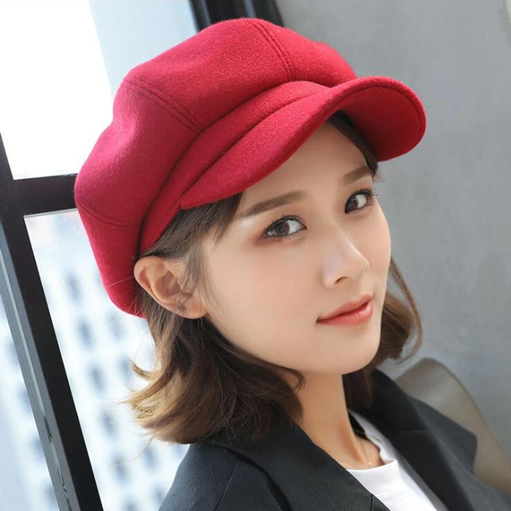 

Solid Color Korean Style Woolly Cctagon Hats New Autumn And Winter Beret Caps High Quality Casual Fashion English Hat