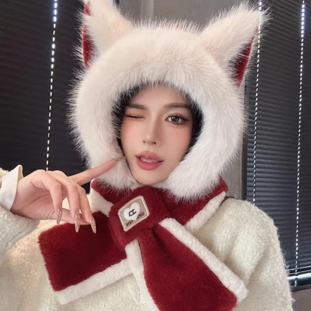 

New Fox Ears Integrated Hat Scarf Set Warm Neck Warmer Windproof Coldproof Pullover Cap Women