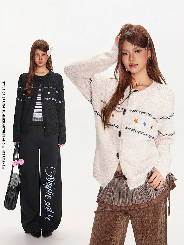 

Свободный женский вязаный кардиган на пуговицах с цветочной вышивкой, весна-осень, мягкий, средней толщины, длинный, в стиле кэжуал