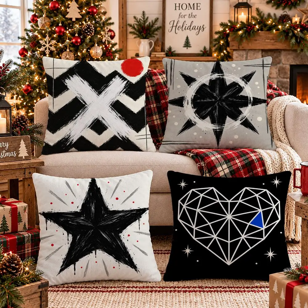 Black White Graphics Cushion Cover 1/4Pcs Soft Plush Throw Pillow Cover Double-Sided Print Sofa Living Room Decor