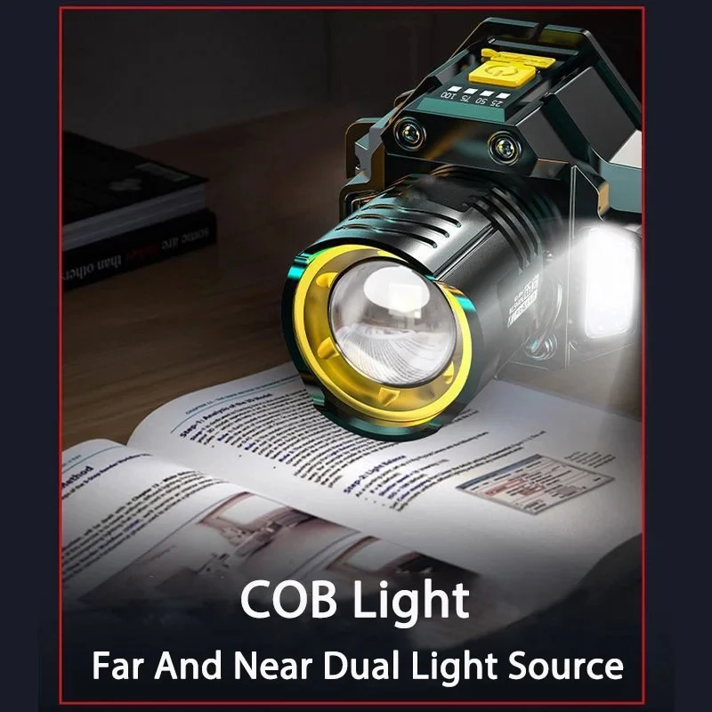 Lampada frontale con sensore Torcia frontale a LED Potente torcia frontale COB Batteria incorporata Lanterna da campeggio da pesca ricaricabile tramite USB