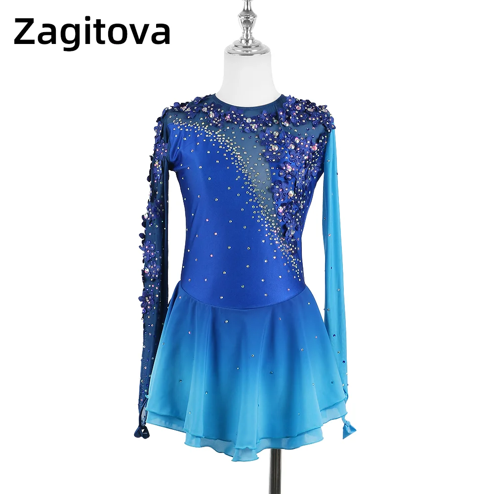 

Zagitova Figure Skating Dress For Women Girls Ice Skating Skirt Performance Competition Gradient Blue Gradient Flower