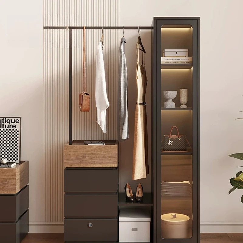 Bedroom coat rack full-length mirror integrated small apartment multi-functional bedside storage cabinet fingerprint lock floor-