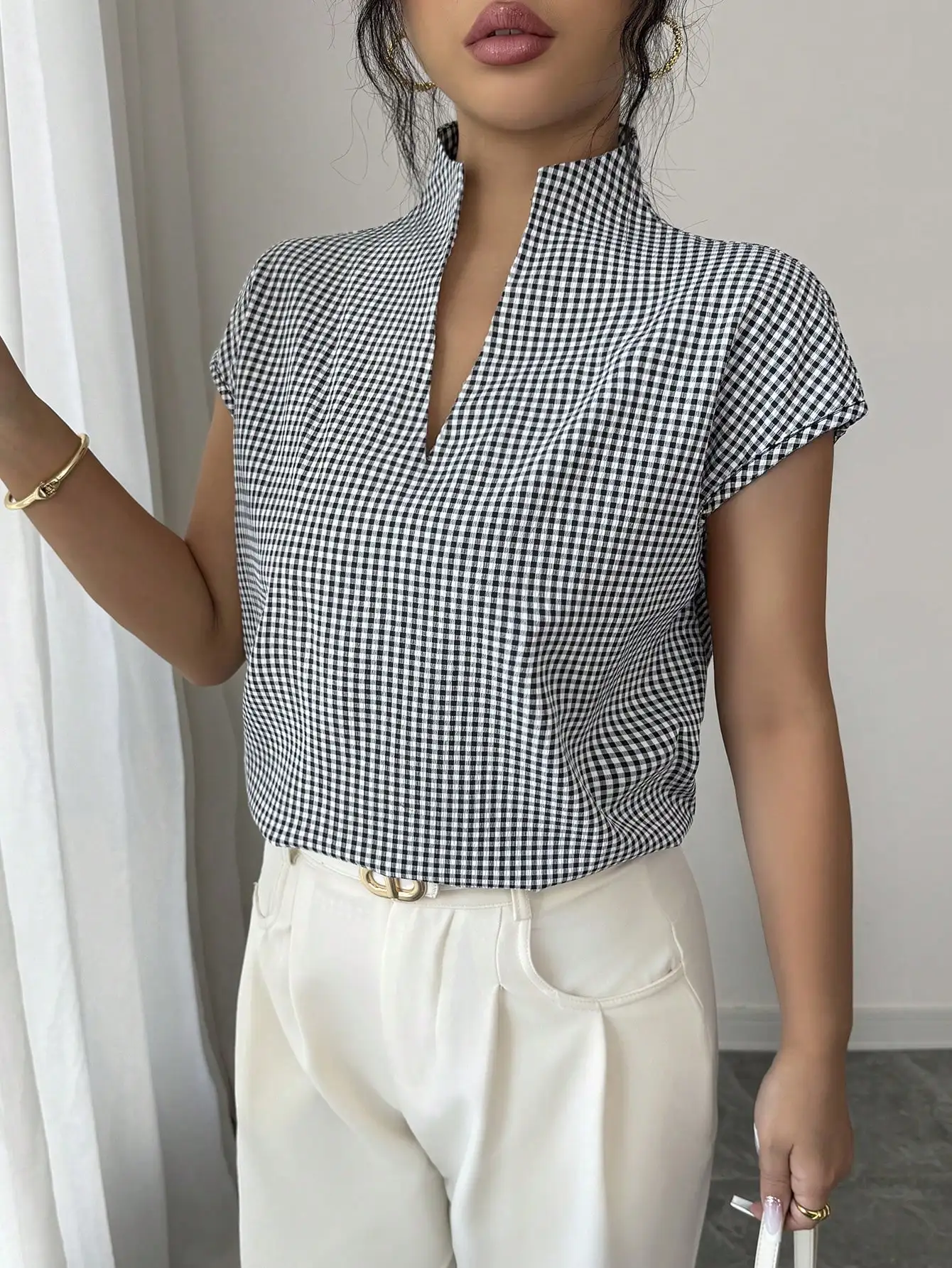 

Women's Gingham Check Short Sleeve Shirt With Stand Collar For Office And Casual Wear