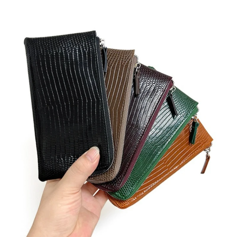 Slim Genuine Leather Lizard Pattern Clutch Wallet Large Opening Zipper Multi‑Card Slots Pouch for Smartphone Cash Credit Cards