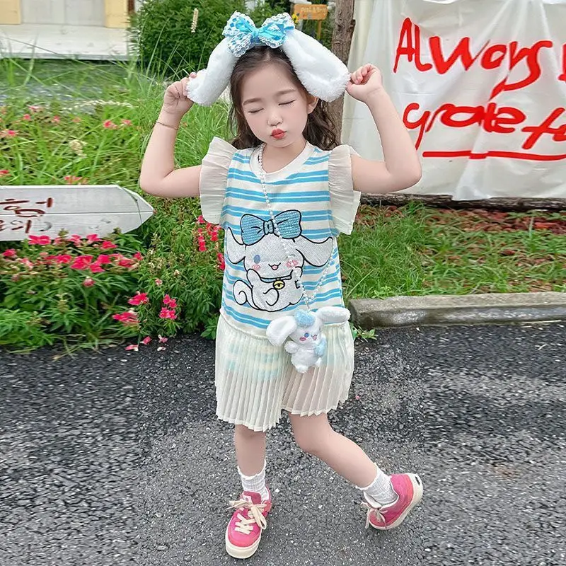 

Sanrio hello kitty, милая полосатая юбка для девочек, новое летнее детское платье с лавровой собакой для девочек, маленькая футболка с летающими рукавами и короткими рукавами