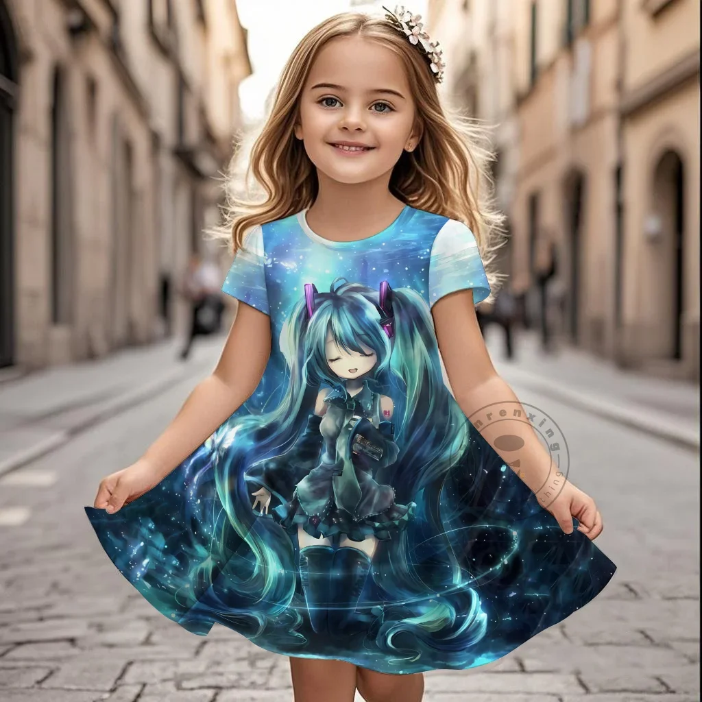 فستان بناتي لطيف مطبوع عليه رسوم كارتونية من Hatsune Miku بأكمام طويلة ملابس قطة للأطفال ملابس لعب كرتونية فساتين أطفال