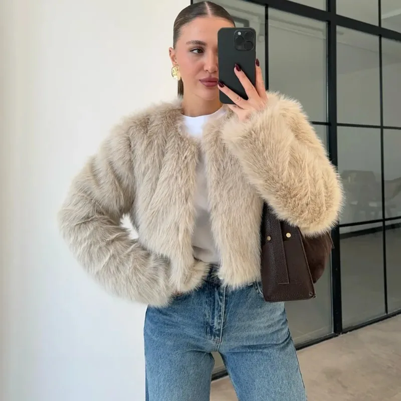 Ticketsx Elegant Loose Faux Fur Coats Women Winter Fashion New Fluffy Short Jacket Solid Vintage Casual Thick High Street Coats