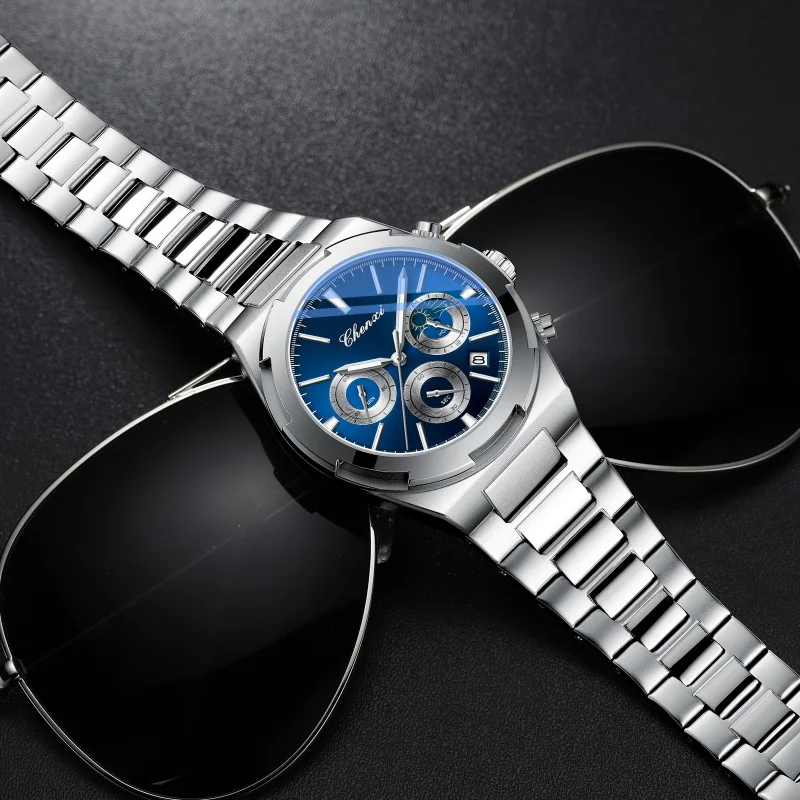 CHENXI 956 แฟชั่นผู้ชายนาฬิกาควอตซ์สายสแตนเลสกันน้ํา Luminous Chronograph กีฬาสามตานาฬิกาสําหรับชาย