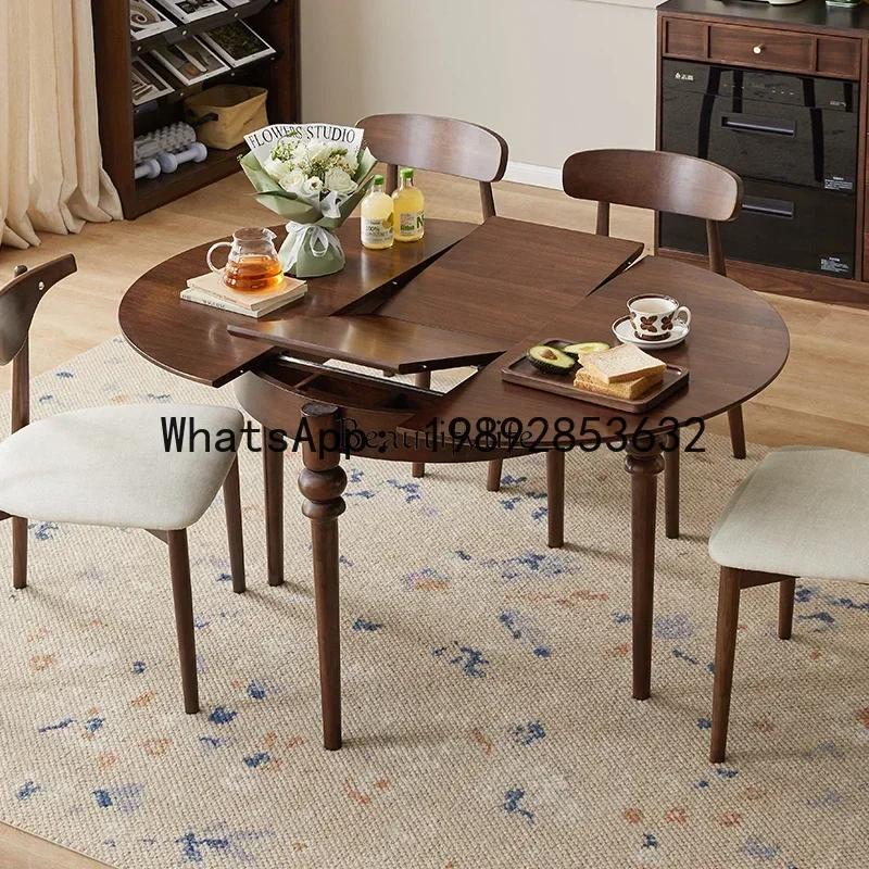 

solid wood round table dining table and chair combination household black walnut retractable folding