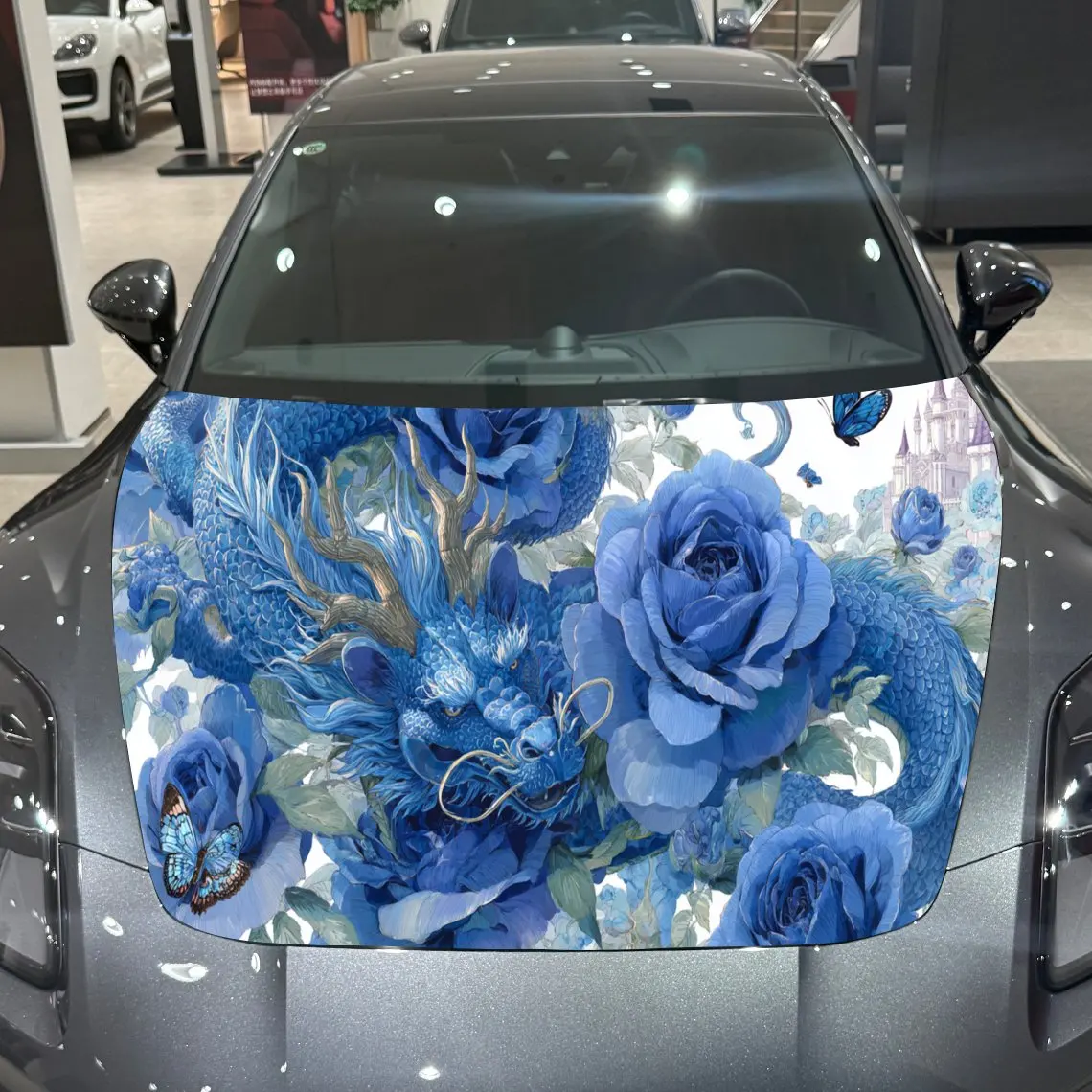

Dragon Rose Auto Cover Sticker, Waterproof and Self-adhesive Auto Hood Decal, Blue Floral Background Auto Vinyl Wraps, Cool Car