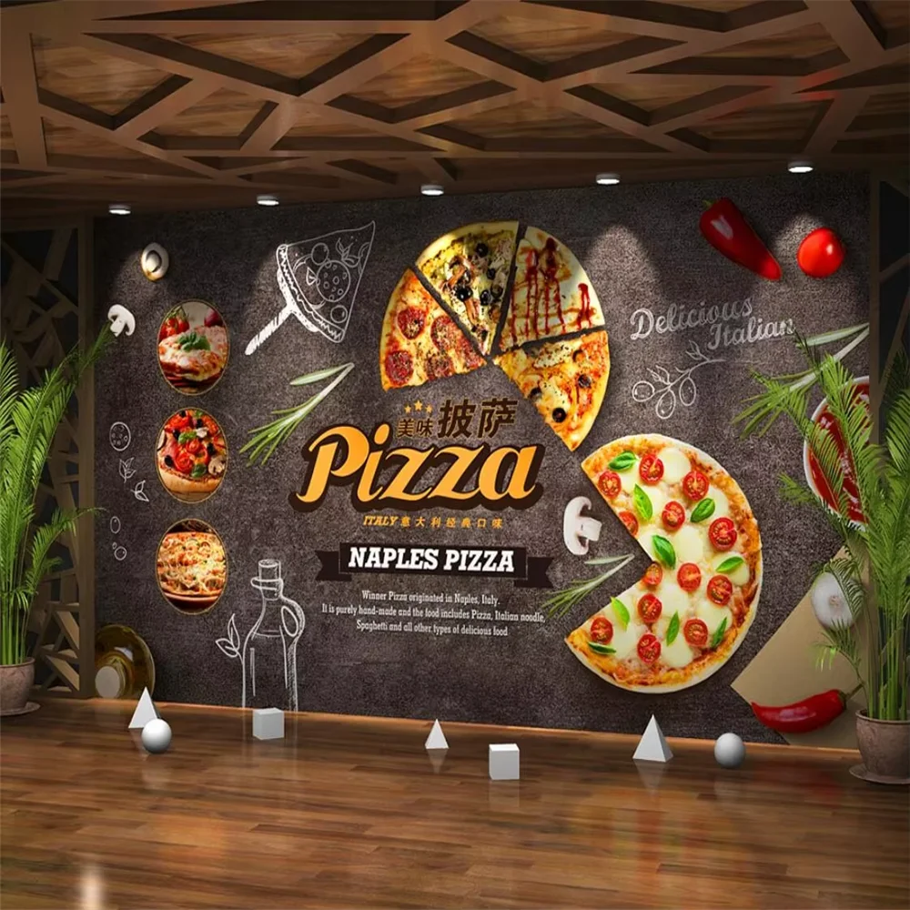 Custom 3D Gourmet Cartoon Pizza Peel Wall Sticker Fast Food Restaurant decoration Background Home Decor Kitchen Theme wallpaper