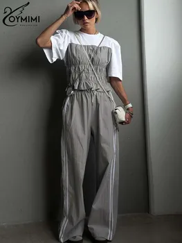 Oymimi conjuntos casuais de retalhos cinza para mulheres, 2 peças, moda, gola redonda, manga curta, blusas e calças retas com cordão