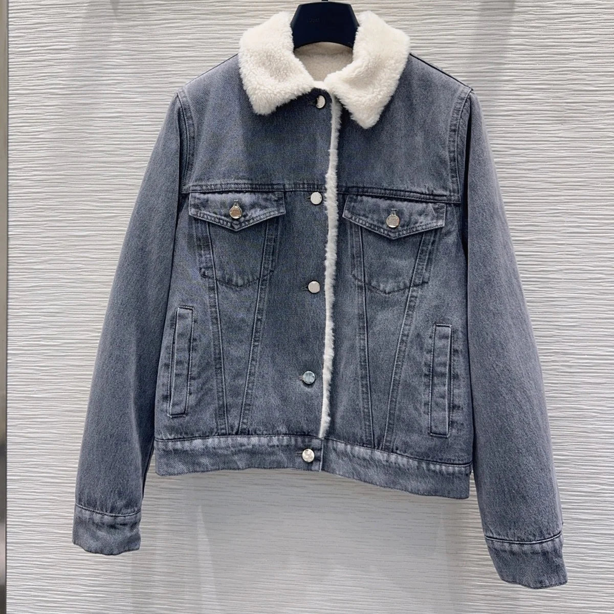 High Quality Women Denim Outfit Fleece Lined Lapel Denim Jacket + Wide Leg Jeans 2 Piece Set Winter Warm Suit lyt26101922