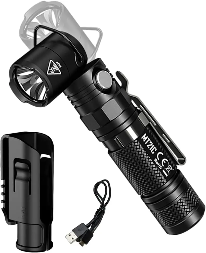 1000 Lumen USB Rechargeable LED Flashlight with Tiltable Head and Holster for Professional Use