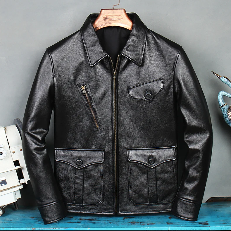 shipping.Wholesales.Black casual men Free genuine leather coat.outlet quality cowhide jacket.autumn slim leather clothes.cheap