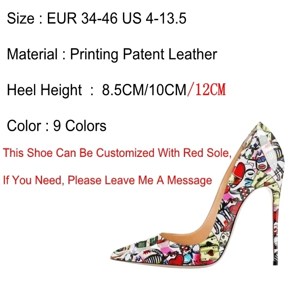 Sexy Women\'s Stiletto Pumps For Woman Thin High Heels Pointed Toe Spring Printing Patent Leather Ladies Shoes Large Size D004C