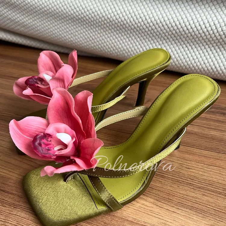 

Flower High Heel Slippers Women Sandals Stiletto Satin Slippers Luxury High-Heeled Shoes Brand Sandalias De Mujeres En Oferta